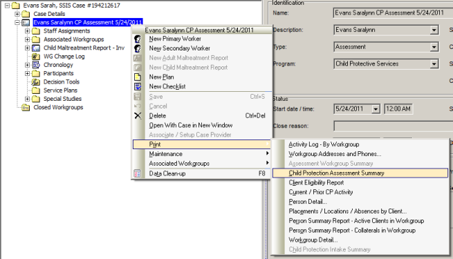 screen shot showing navigation sequence to Print Child Protection Assessment Summary