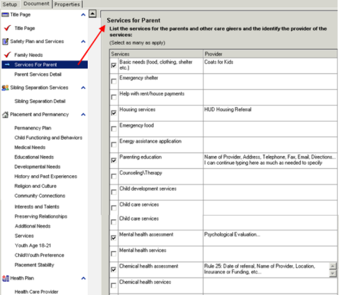 screen print of Document Tab – Services For Parent Screen 