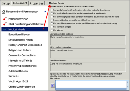 screen print of Document Tab –Medical Needs Screen – Merge Fields