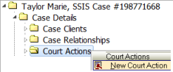 Screen shot: Court Actions Folder - New Court Action