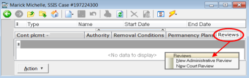 Screen shot: New Court Review
Reviews tab - Action menu - New Administrative Review and New Court Review selections. 