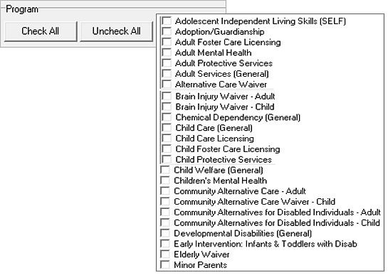 Contacts with Clients Report - Setup Tab – Program Section
Check All and Uncheck All buttons
Alphabetical listing of available program areas.