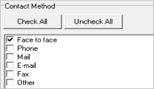 Screen shot: Contacts with Clients Report - Setup Tab – Contact Method Section