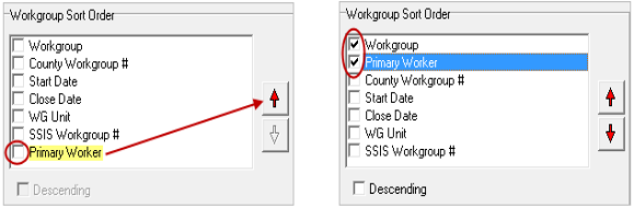 Screen shot: Contacts with Clients Report - Setup Tab – Workgroup Sort Order Section