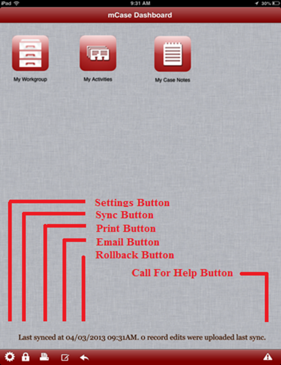 Title: mCase screen shot of the Dashboard