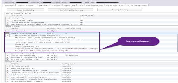 The eligibility summary tab showing no hours displayed for home care.