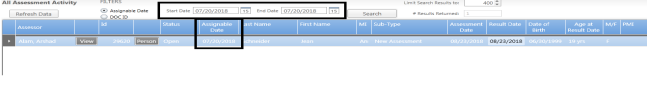 The assignable date radio button is selected and the start and end date are the same date for the search. The search results display a person with a matching assignable date to the start and end dates that are entered.