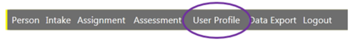 Title: User profile circled - Description: Picture of the gray navigation bar at the top of the page on the log in area. The User Profile option on the navigation bar is circled to indicate this is the next step for the user. 