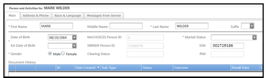 Screenshot of the person and activites display.