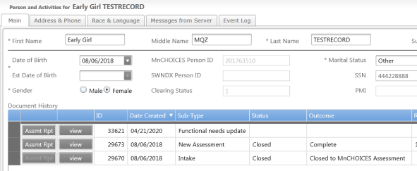 Screenshot of the person and activities record.
