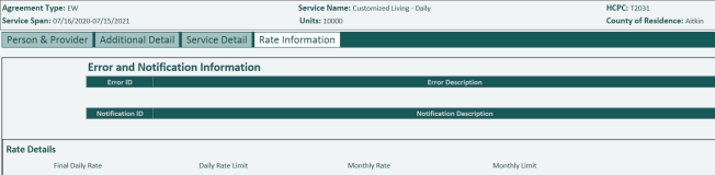 screen shot of rate information tab in the RS tool