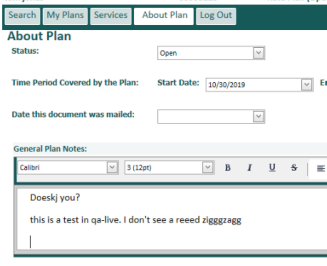 screen shot of general plan notes on the about plan tab showing no red zigzag line under the misspelled words