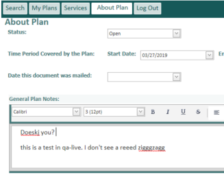 screen shot of general plan notes on the about plan tab showing red zigzag line under the misspelled words