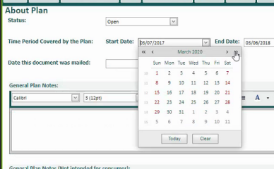 screen shot of the about plan tab showing the user using the date picker for the start date of the plan