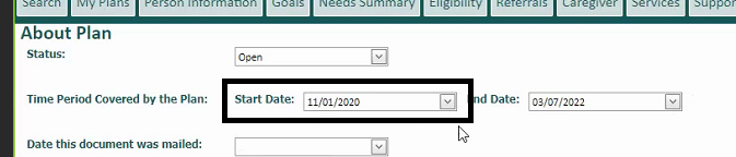 screen shot of the plan start date showing the date of 11/1/2020