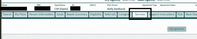 screen shot showing the user moved to the services tab