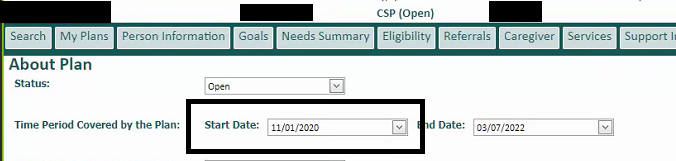 screen shot of the plan start date showing the date of 11/1/2020 retained
