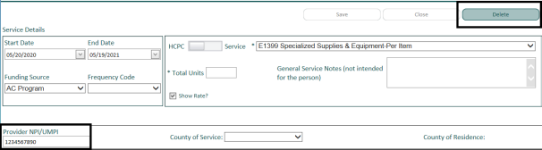 screen shot of the service details screen showing the cursor focus on the delete button after entering the provider npi/umpi number