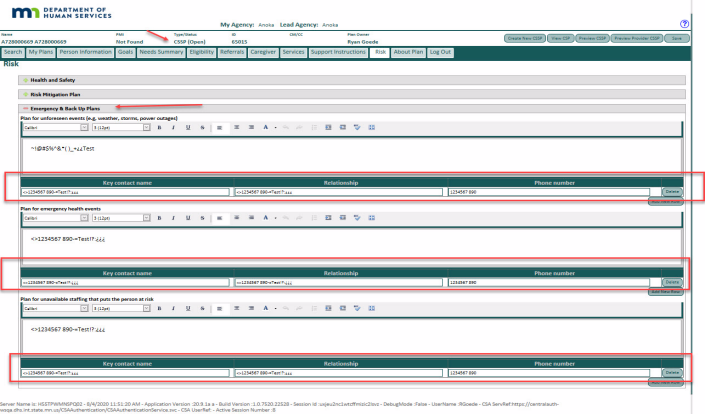 the risk tab showing the key contact name, relationship and phone number displaying content in the emergency and back up plans