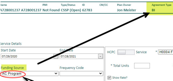 in the service line, the funding source field default option and agreement type do not match