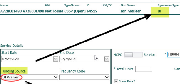 in the service line, the funding source field default option and agreement type match
