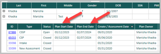 document records table showing plan start and end dates