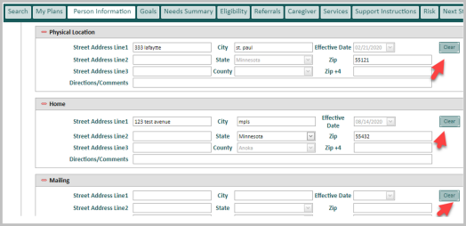 address fields in the Person information tab with new clear button available