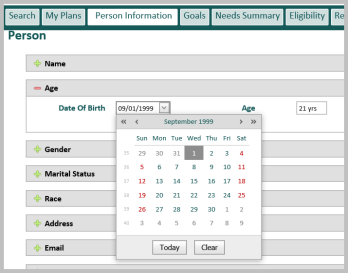 the person information tab showing the editable fields for date of birth and age