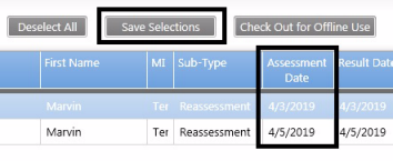 Assessment date column showing date filled in and save selections button outlined