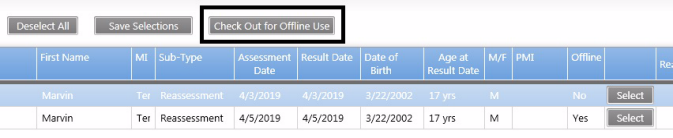 Assessment screen showing check out for offline use button
