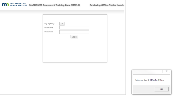 Assessment log in screen showing log in area and notification message stating retreiving doc id for offline