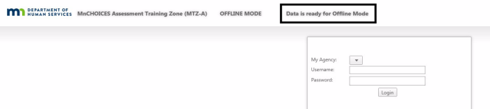 Assessment log in screen showing data is ready for offline mode