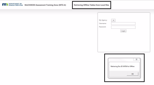Assessment log in screen showing retrieving offline tables from local files and notification message stating retrieving doc id for offline