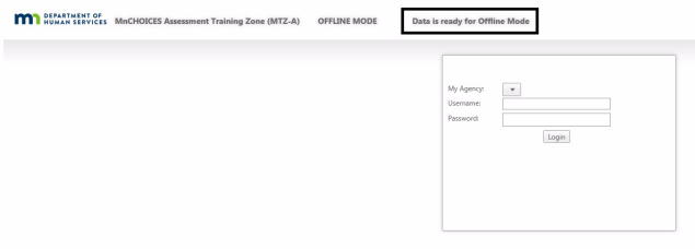 Assessment log in screen showing data is ready for offline mode