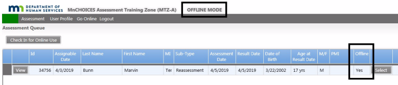 Assessment queue screen showing offline mode and yes in offline column