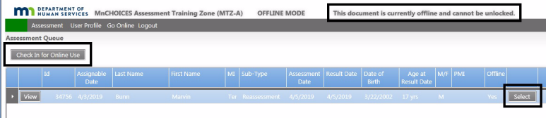 Assessment queue showing this document is currently offline and cannont be unlocked, check in for online use button and the select button