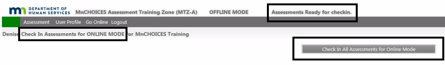 Assessment showing assessments ready for check in, check in assessment for online mode and the check in all assessment for online mode button