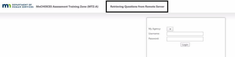 Assessment log in screen showing retrieving questions from remote server