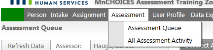 assessment queue showing the assessment tab with the dropdown menu of assessment queue and all assessment activity
