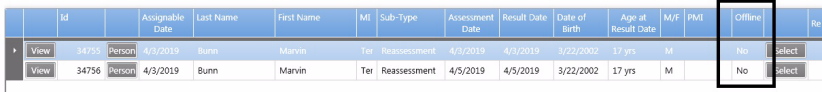 assessment showing no in the offline column