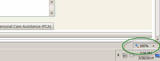 Screenshot of IE8, in the bottom right corner is a magnifying glass with 100%. This is circled. 