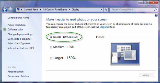 Screenshot of control panel display window. Three options for display zoom. 100% is selected and circled. 