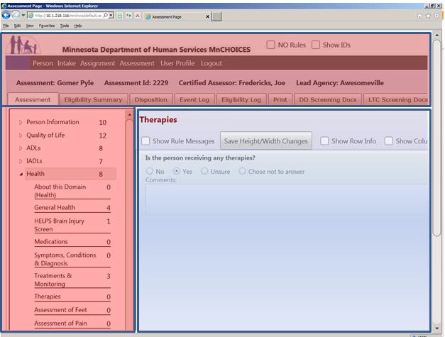 MnCHOICES Screenshot: Top menu bar and side menu bar are highlighted in red. Other screen area is highlighted in blue. 