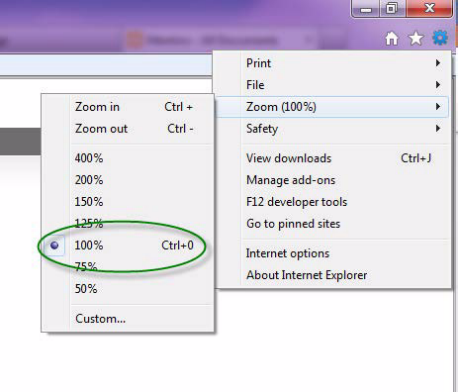 Screenshot of IE9 browser. In the dropdown menu, Zoom is selected. A wing menu has been produced with various percentages of zoom. 100% is circled. 