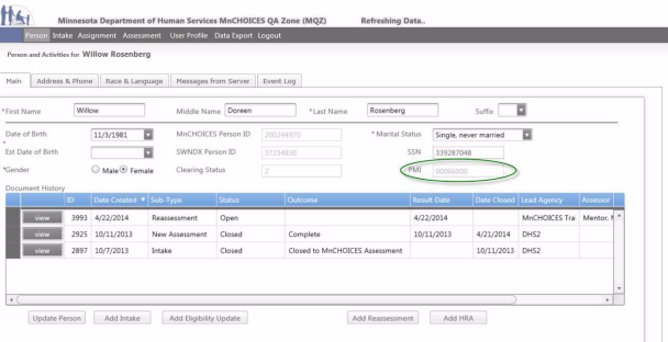 Person and activities page with PMI field circled showing PMI has been populated