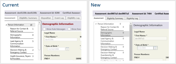 screen shots of the current assessment screen and a prototype of the new assessment screen on the WPF platform