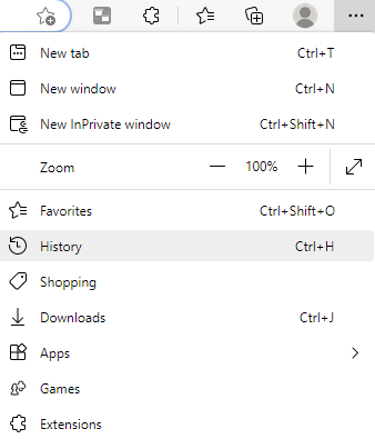 Screenshot showing browser options dropdown menu that includes (top to bottom):
- New tab
- New window
- New InPrivate window
- Zoom
- Favorites
- History (highlighted in gray)
- Shopping
- Downloads
- Apps
- Games
- Extensions.