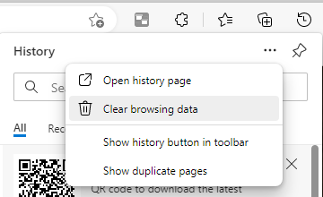 Screenshot shows the history dropdown menu that includes:
- Open history page
- Clear browsing data
- Show history button in toolbar
- Show duplicate pages.