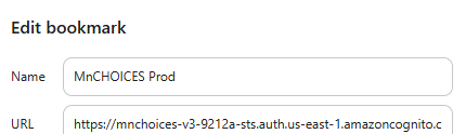 eidt bookmark name Minn choices prod URL reads H t t p s colon back slash back slash hyphen v 4 and a bunch a long string of words and characters including amazon Cognito.