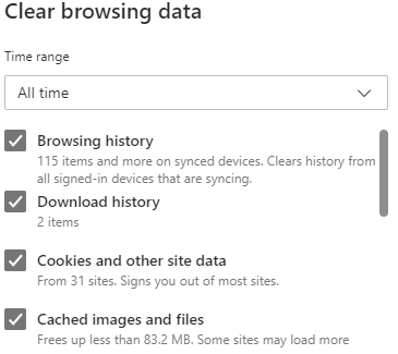 Screenshot showing the clear browsing data window where a user selects what information to clear.